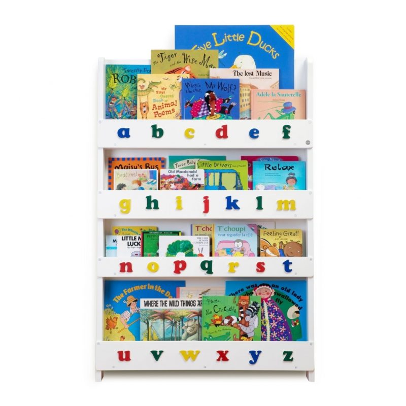 White forward facing bookcase with alphabet letters on the front