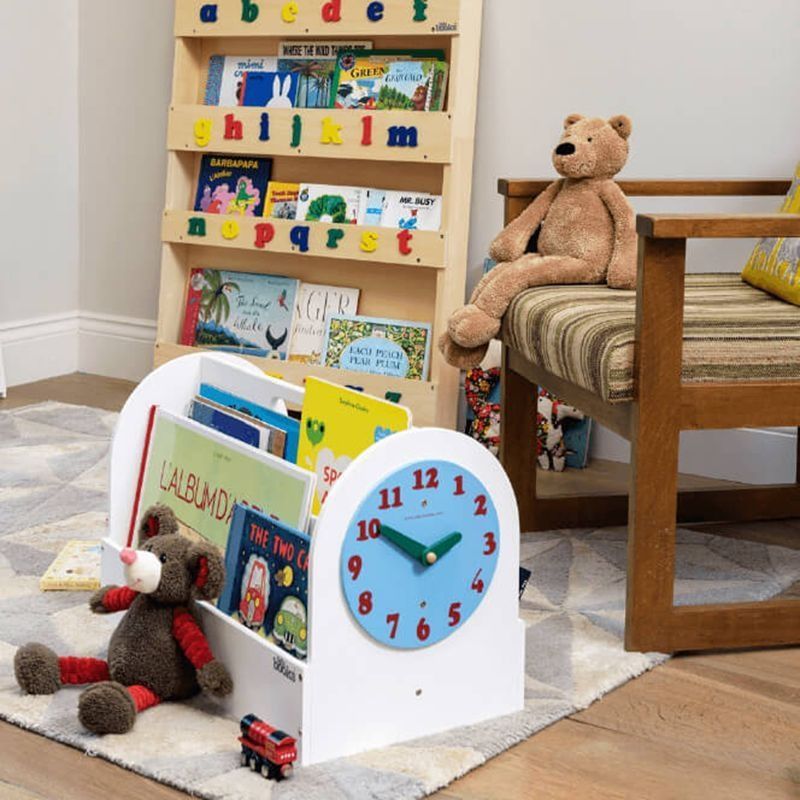 Kid's book caddy with clock face