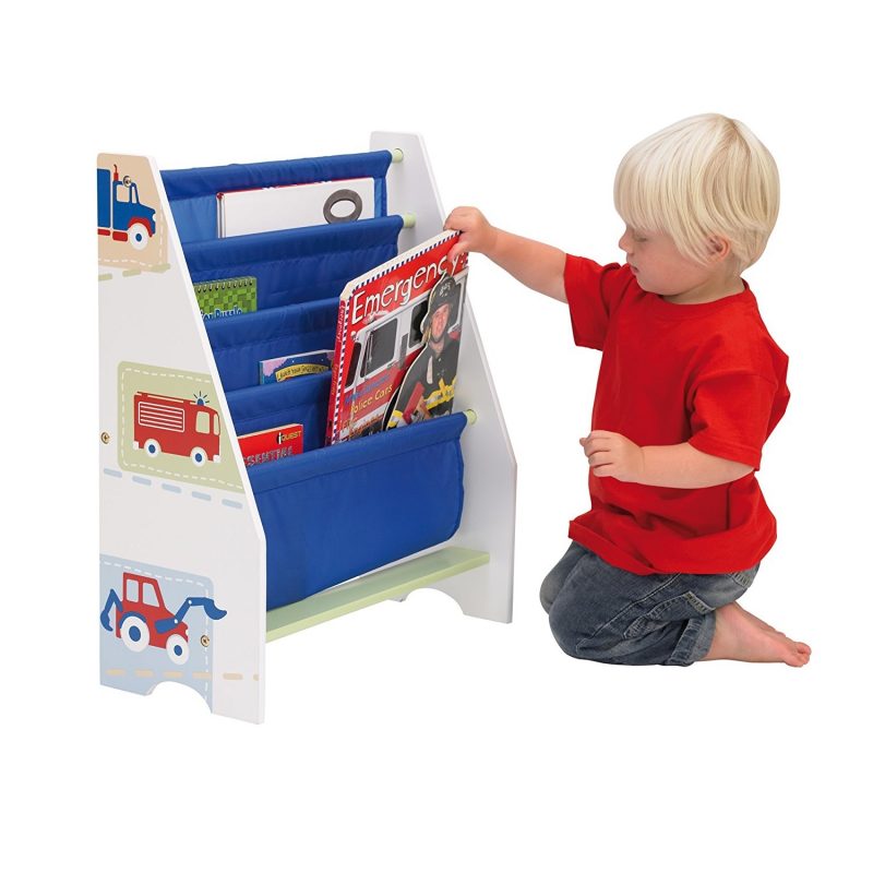 Sling bookcase with vehicle prints on side