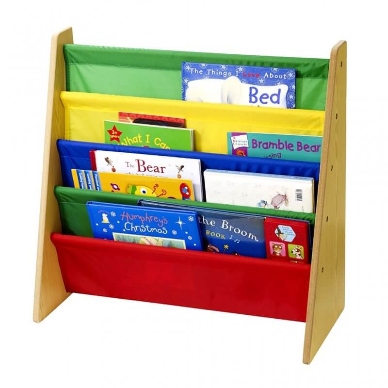 Sling style bookcase with multi-colour shelves