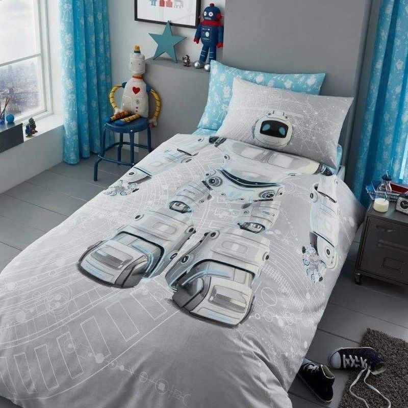 Grey bedding with large robot print