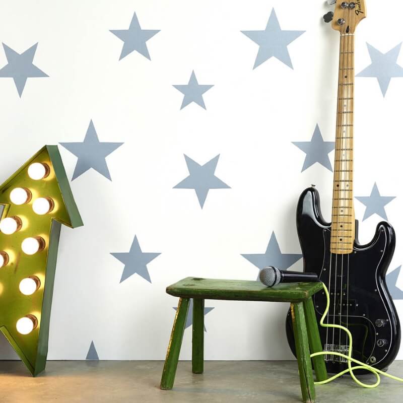 White wallpaper with bold print stars