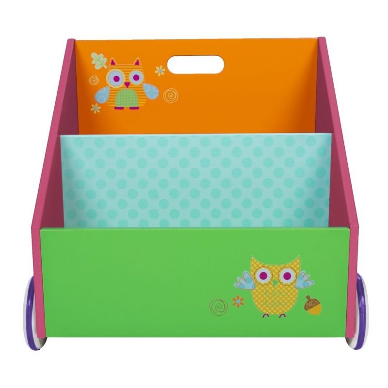 Green, orange and purple bookcase with owls motif