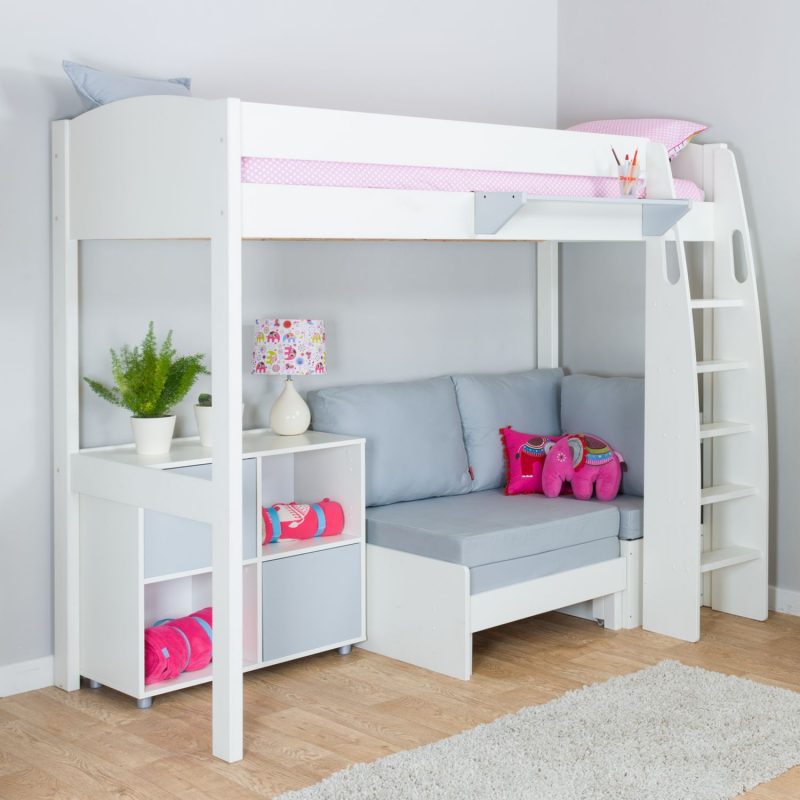 High-sleeper bed with chair bed and storage unit