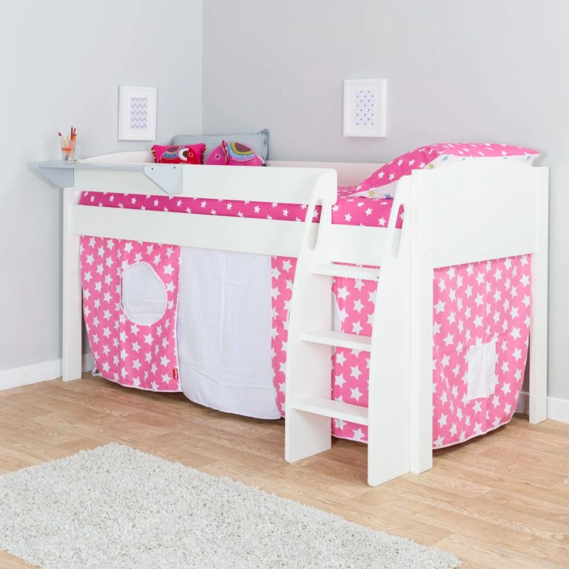 White mid-sleeper with stars print tent curtains