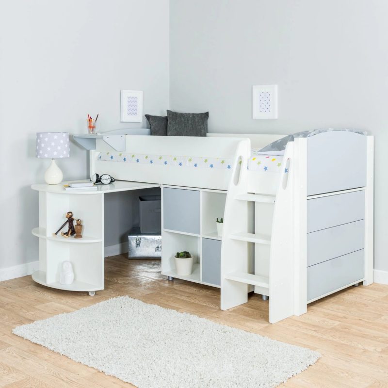 Mid-sleeper with cube storage, desk and drawers