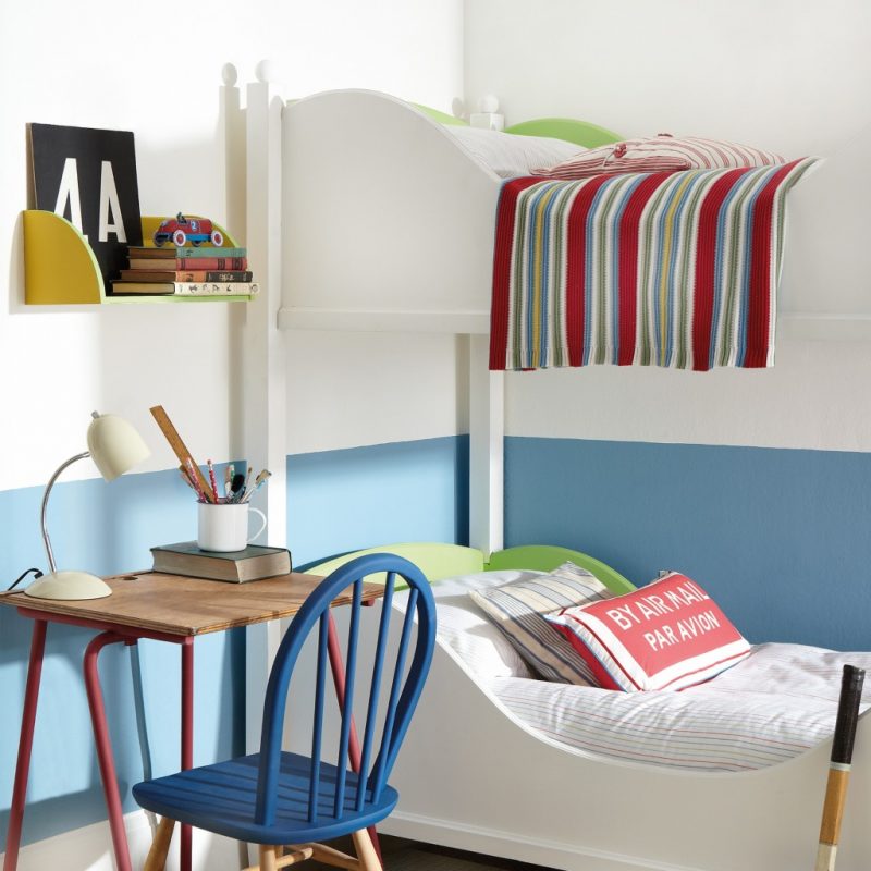 A pale grey and blue childrens room scheme