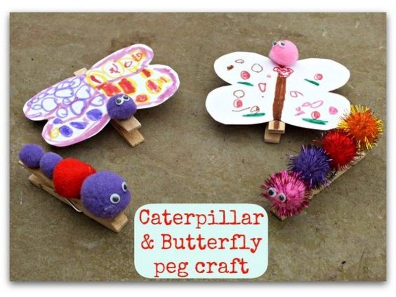 Household pegs made into butterflies and caterpillars