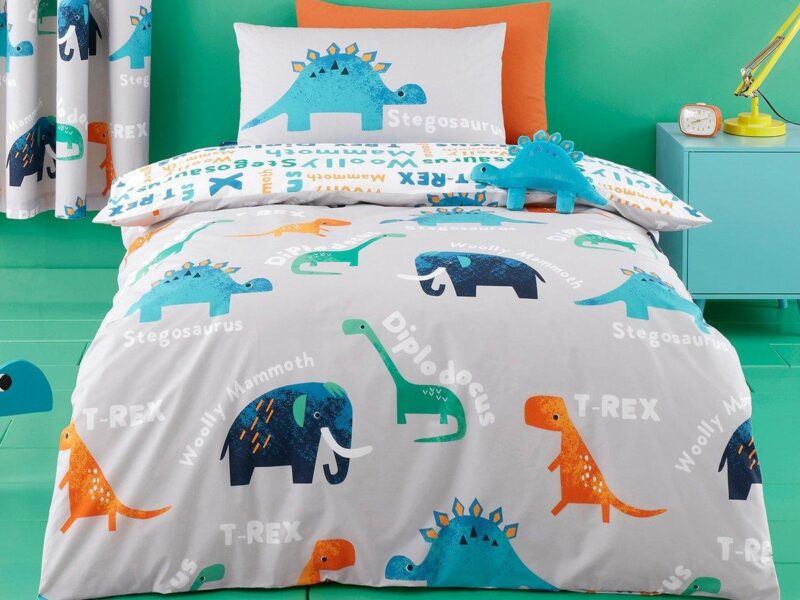 Plain grey duvet cover with cute dinosaur figures and a matching pillowcase