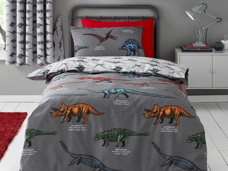 Grey bedding set with coloured dinosaur prints