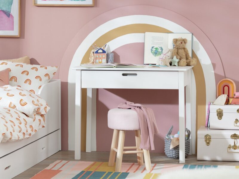 White painted desk with cut-out handle drawer