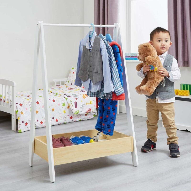 White frame clothes rail with pine storage section