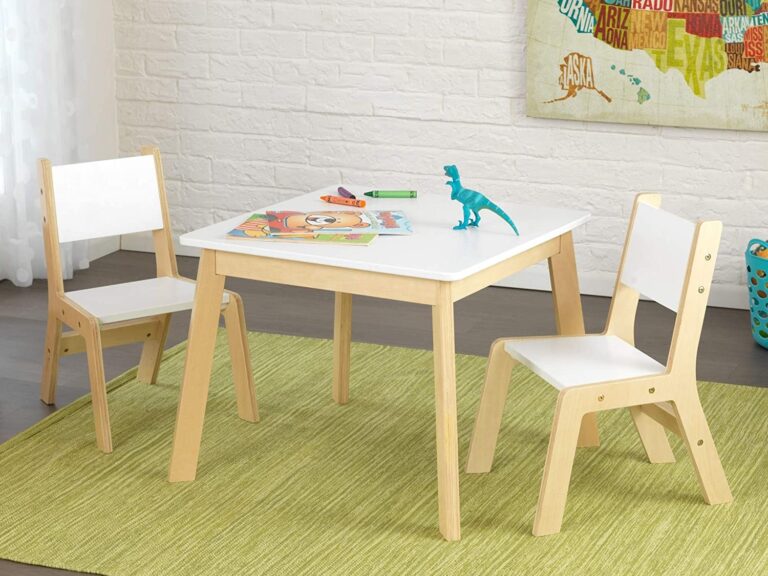 White/oak table and two matching chairs