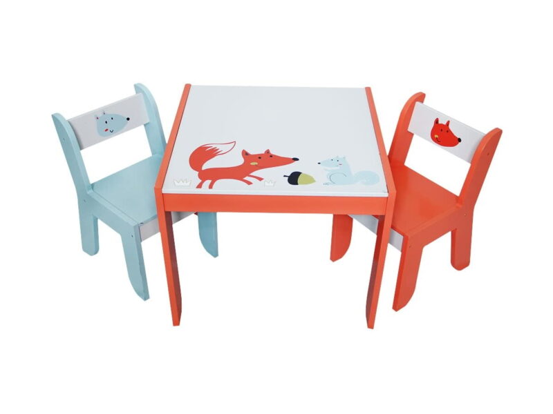 Children's play table and chairs with fox and squirrel motifs 