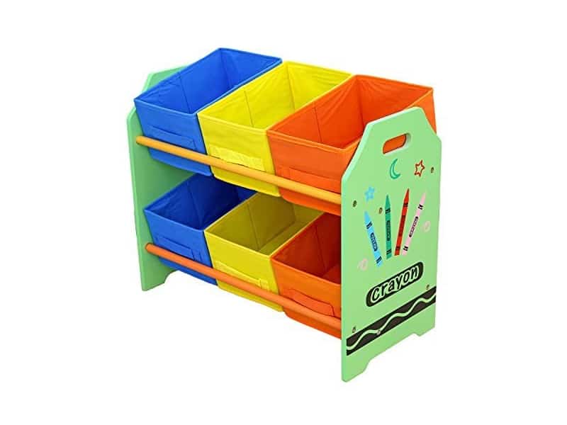 Green storage unit with blue, yellow and orange storage bins