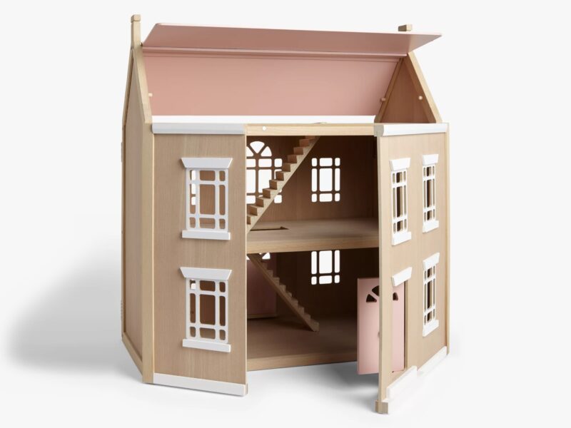 Wooden doll's house with lift up roof and hinged front