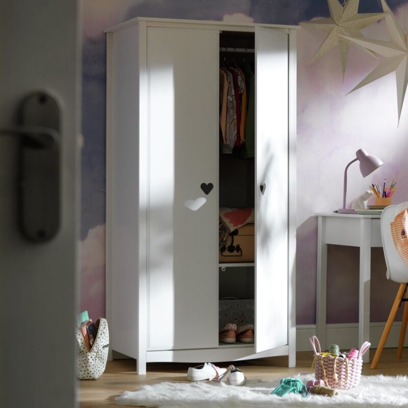 White-painted 2-door wardrobe with heart cut-out door handles