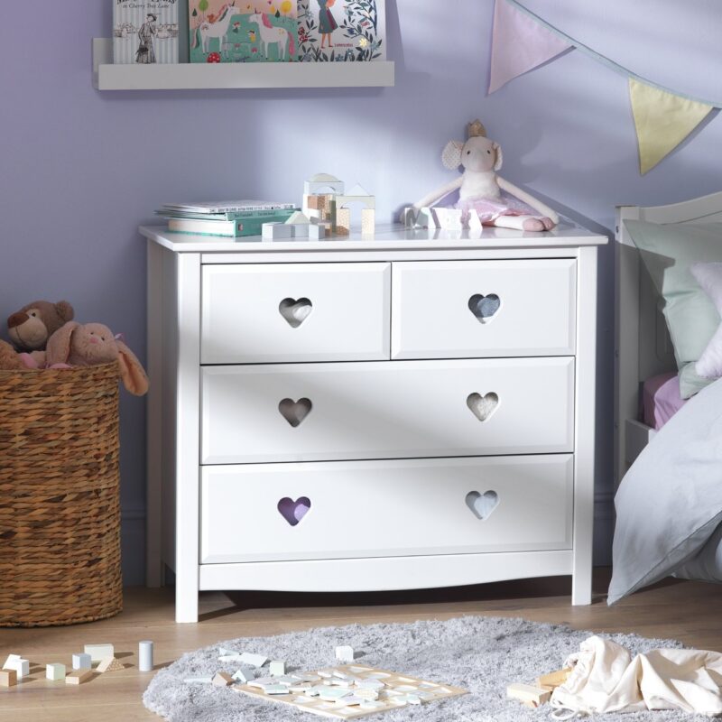 White drawer chest with heart-shaped cut out handles