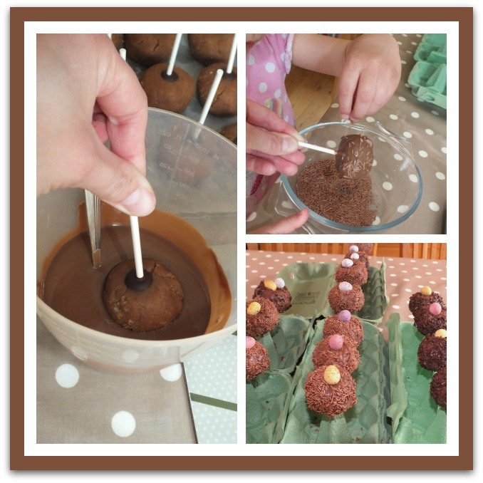 Dipping the lollipops in chocolate