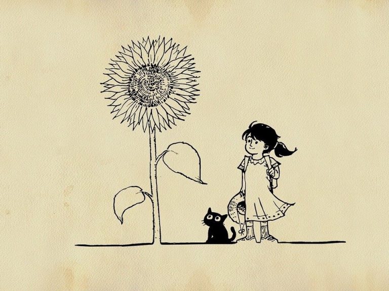 Vintage image of a girl and a cat and a sunflower