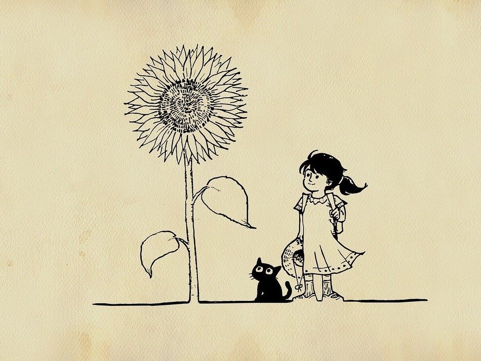 Drawing of a girl and a cat and a huge flower