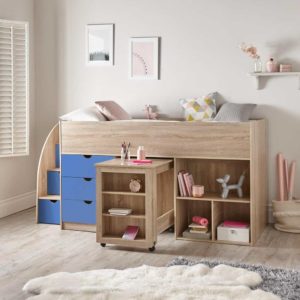 Oak effect mid sleeper with blue drawers