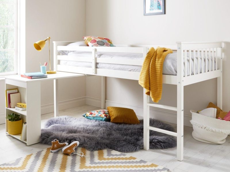 White mid sleeper bed and desk