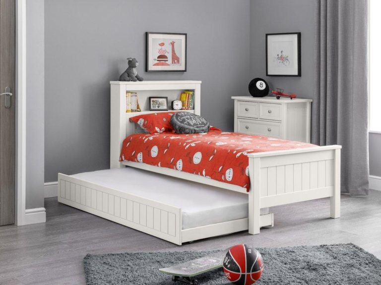 Kid's white single bed with bookcase-style headboard