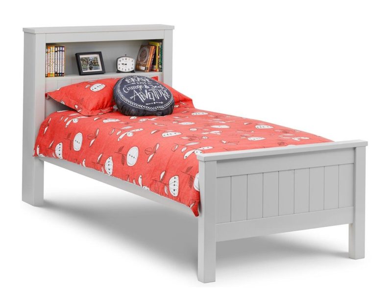 Grey-painted single bed with bookcase headboard