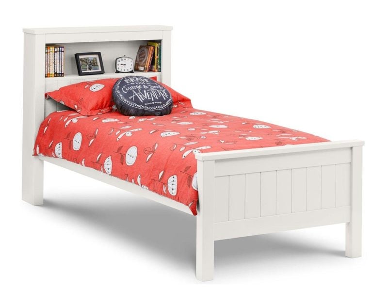 White-painted single bed with bookcase-style headboard