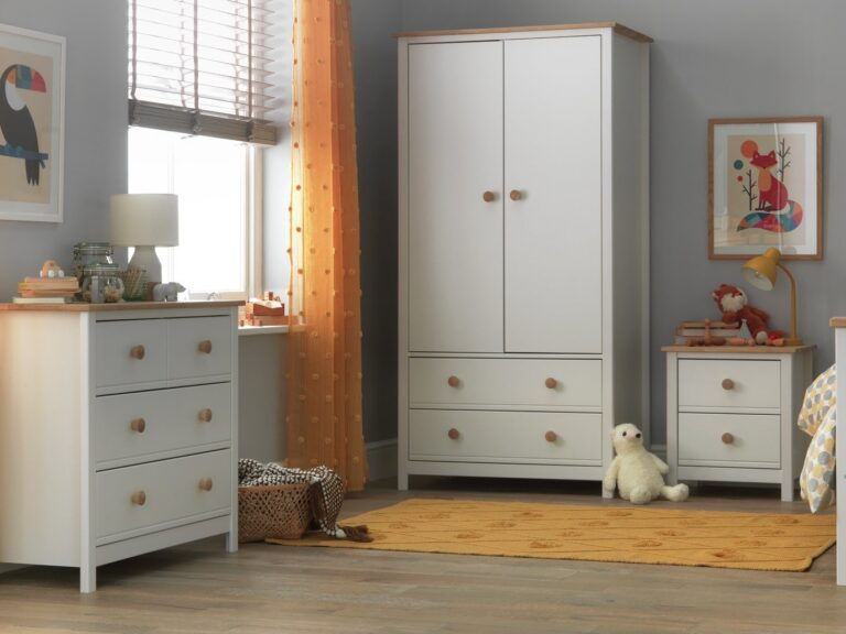 White bedroom furniture with oak trim