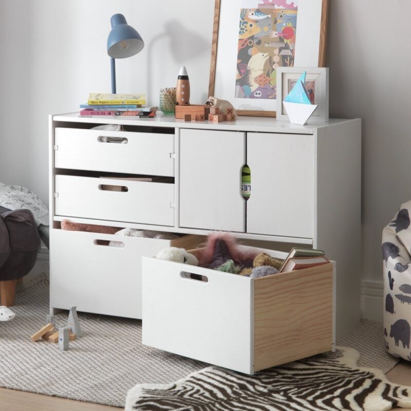 White storage unit with cupboard and drawers