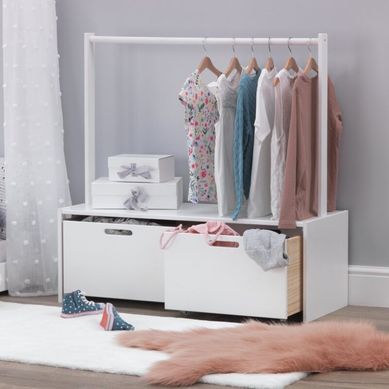 Low storage unit with clothes rail