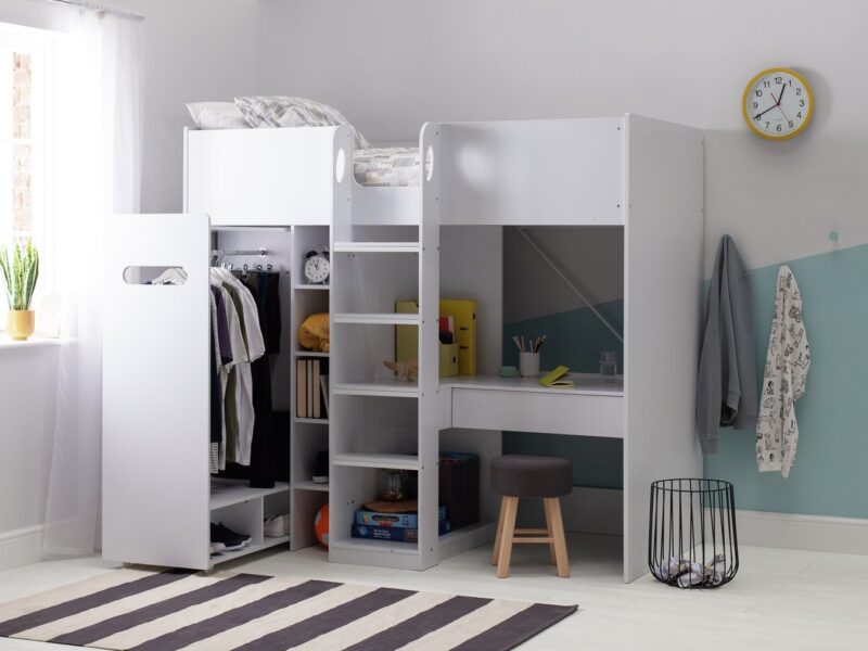 Kid's bed with storage and pull-out hanging rail