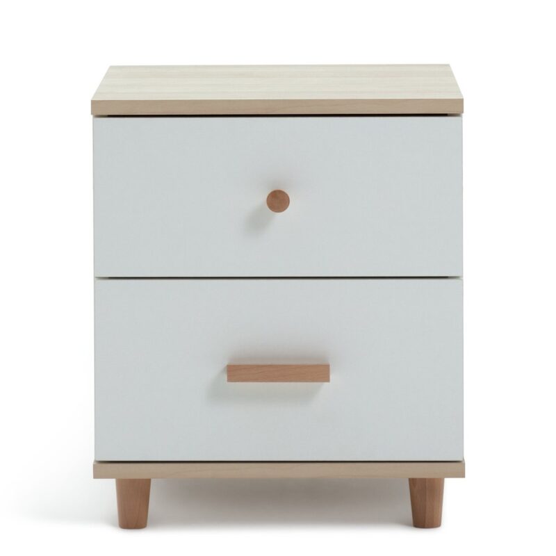 White 2-door bedside chest with wood handles, legs and top