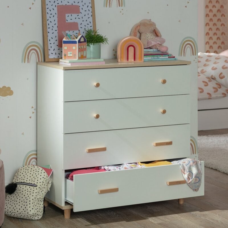 White 4-drawer chest with acacia top and handles