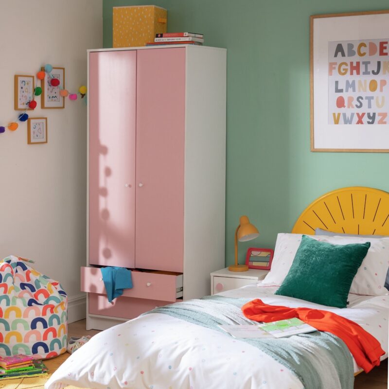 Pink and white wardrobe with 2 drawers