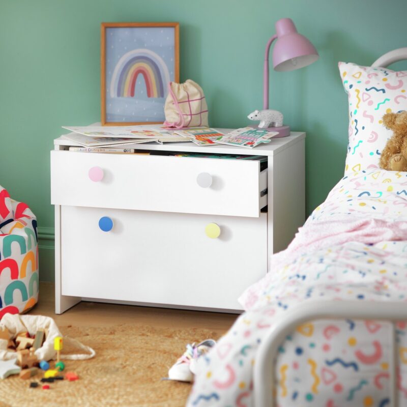 White 2-drawer chest with coloured handles