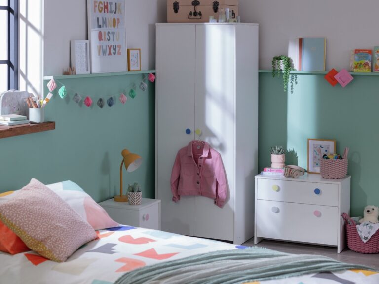 White drawer chest and 2 door wardrobe with coloured handles