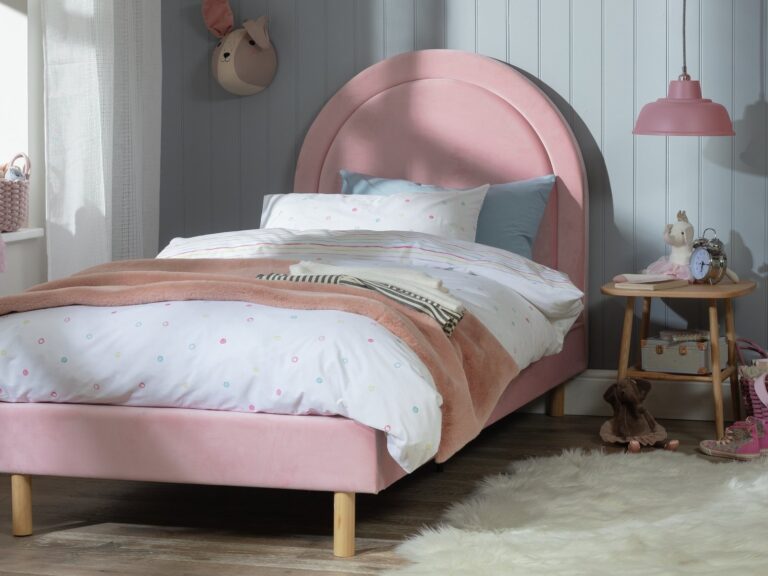 Pink fabric upholstered bed frame