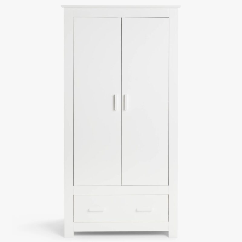 White-painted 2-door wardrobe with drawer in the base