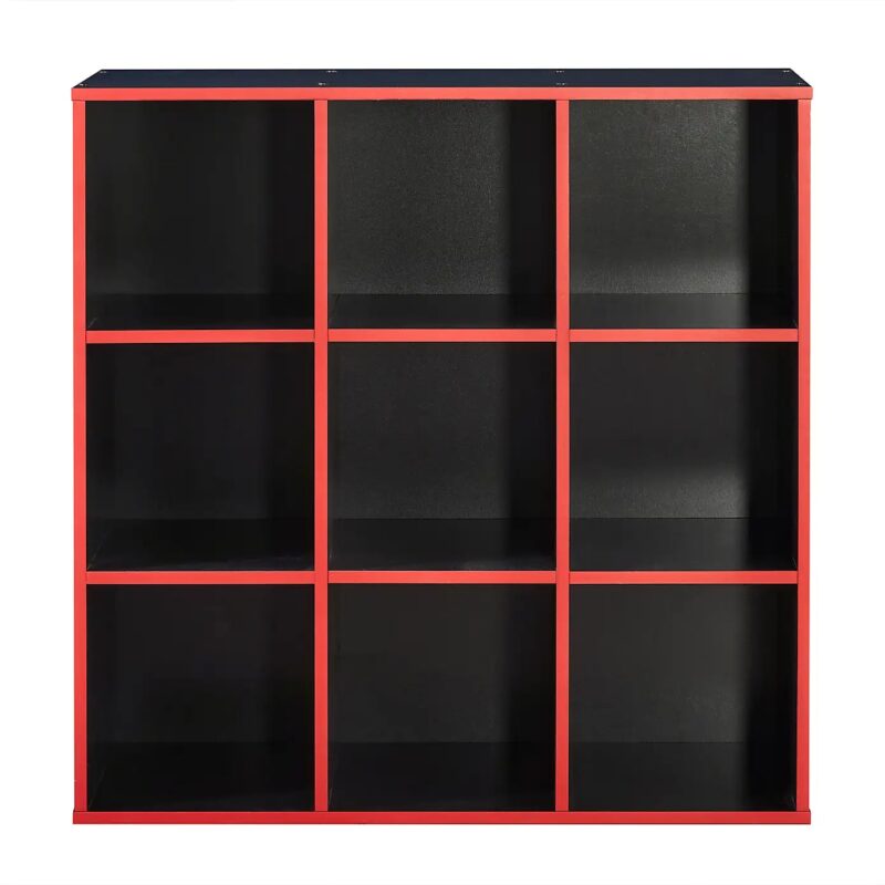 9 cube storage unit with black and red finish