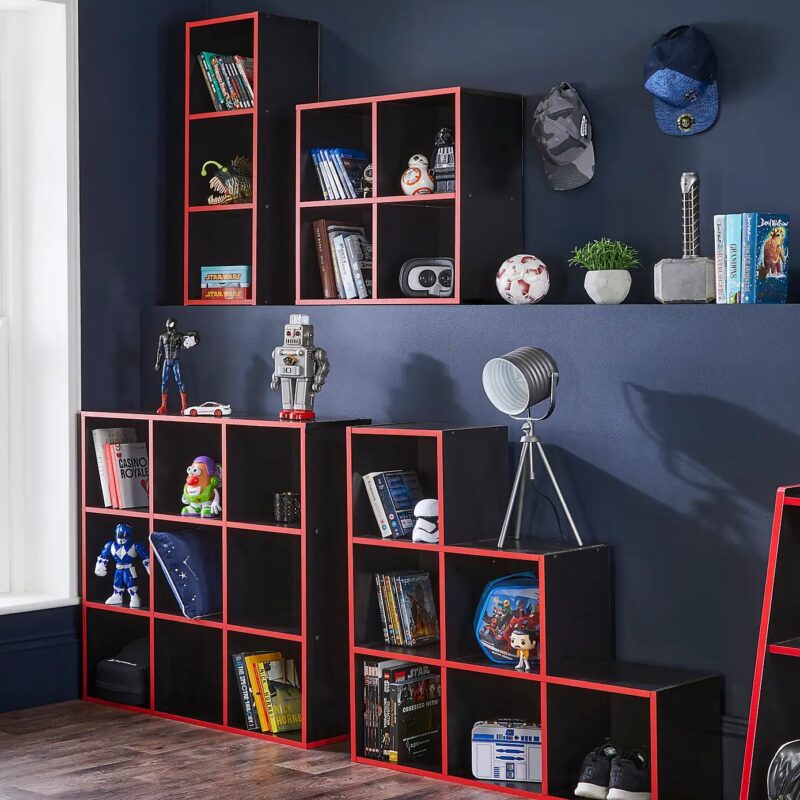 Black cube storage units with red detailing