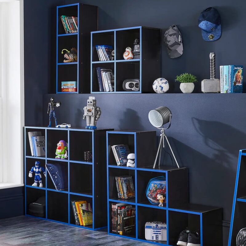 Black cube storage units with blue detailing