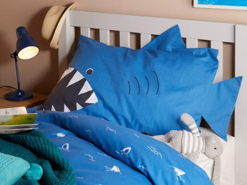 Blue shark themed pillowcase and duvet cover