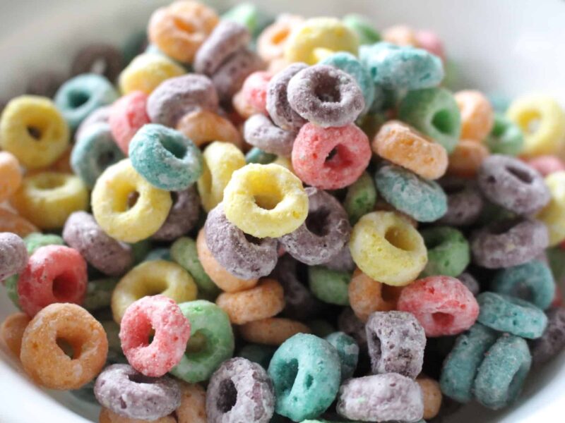 Multi-coloured breakfast cereal