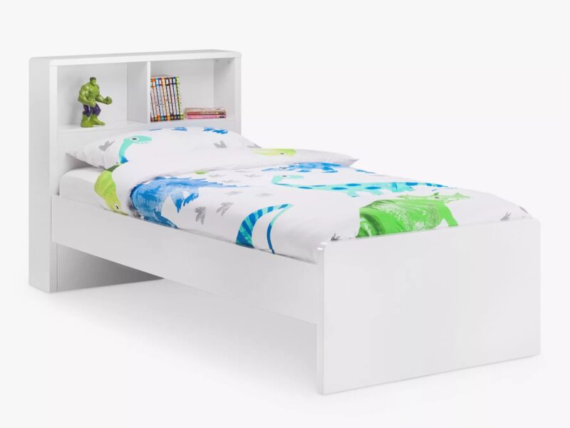 White children's bedframe with bookcase headboard