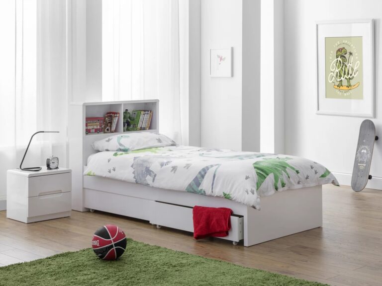 White bed with bookcase headboard