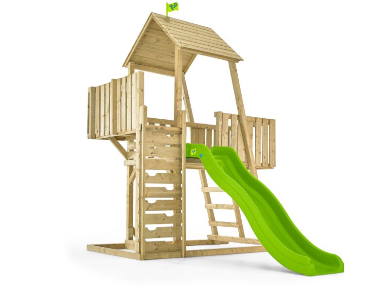 Wooden playhouse with climbing frame and slide