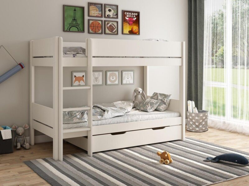 White bunk bed with fixed ladder and drawer